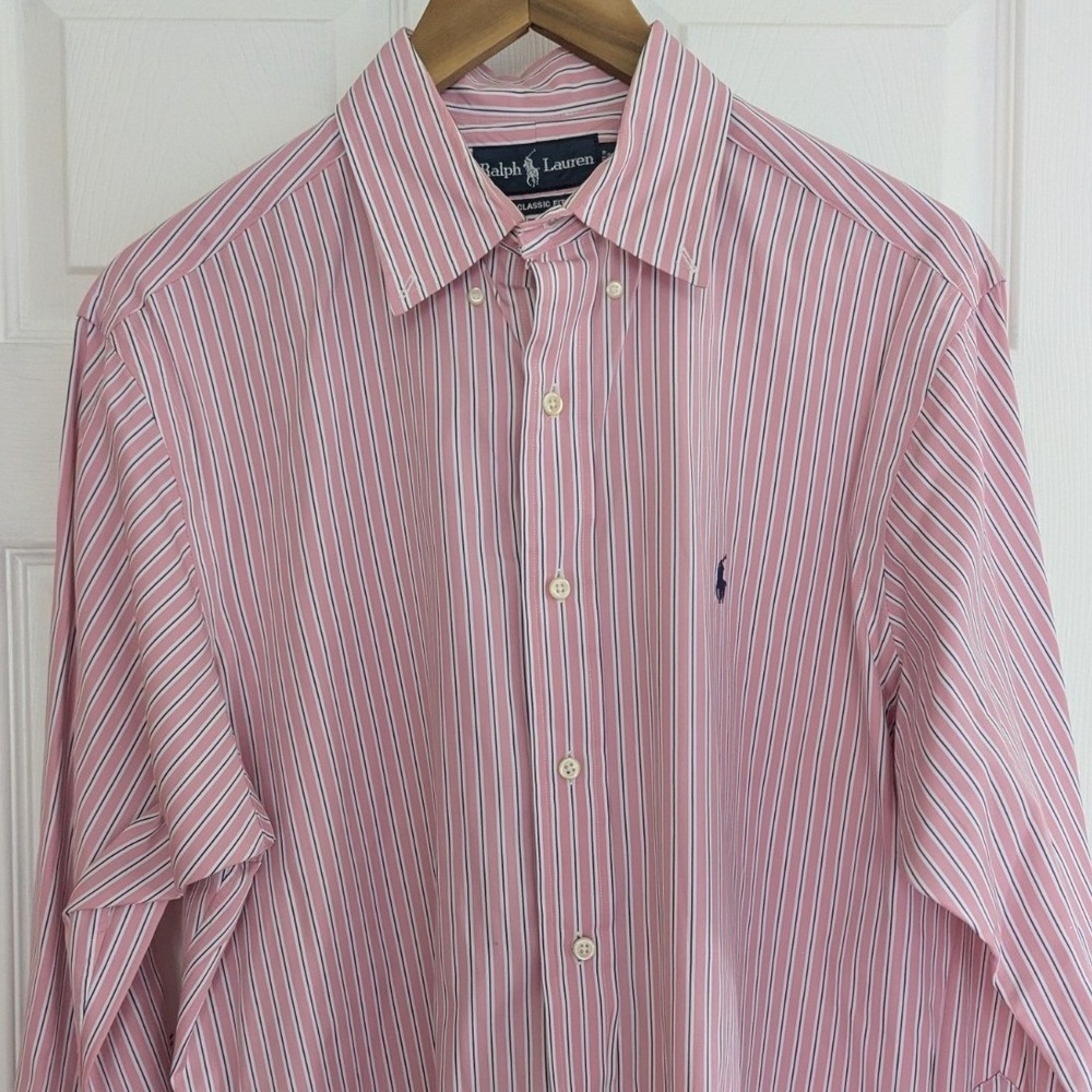 Ralph Lauren Button Down Shirt Pink Striped Classic Fit Sz 16 32/33 Preppy